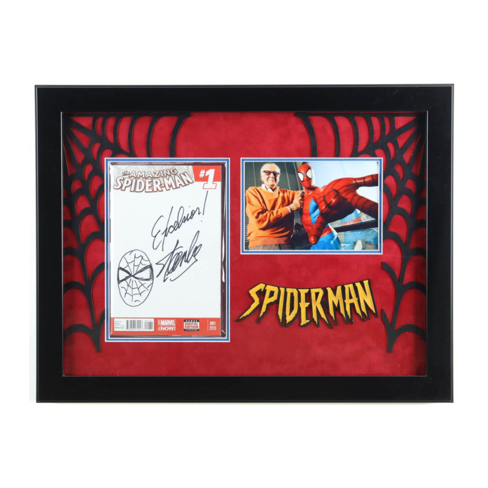 Cómic Marvel "The Amazing Spider-Man" Firmado por Stan Lee - Con Inscripción "Excelsior!" y Dibujo a Mano - Exhibición en Marco Personalizado